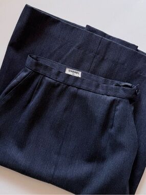 Vintage 1980s Chanel Karl Lagerfeld Blue Wool Blend Kick Pleat Midi Skirt XS